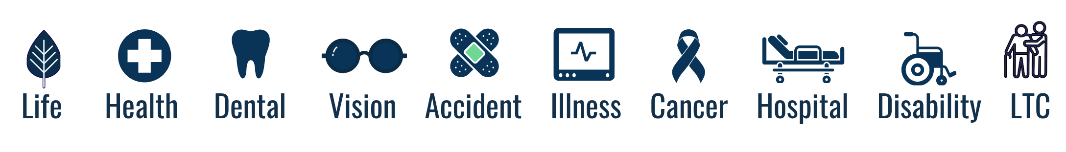 Coverage areas: Life, Health, Dental, Vision, Accident, Illness, Cancer, Hospital, Disability, LTC